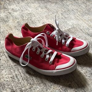 Lacoste Red Canvas Sneakers white accents - lace up - men’s 8.5